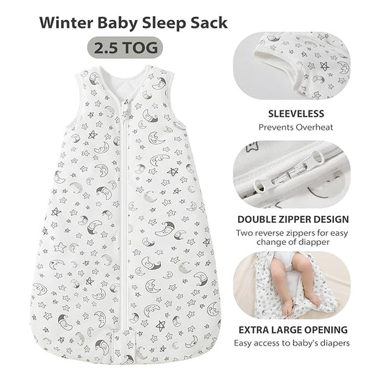 Mosebears Sleep Sack Baby Winter Wearable Blanket with 2-Way Zipper,2.5 TOG Cotton Sleep Sack Unisex (White Star, 12-18 Months)