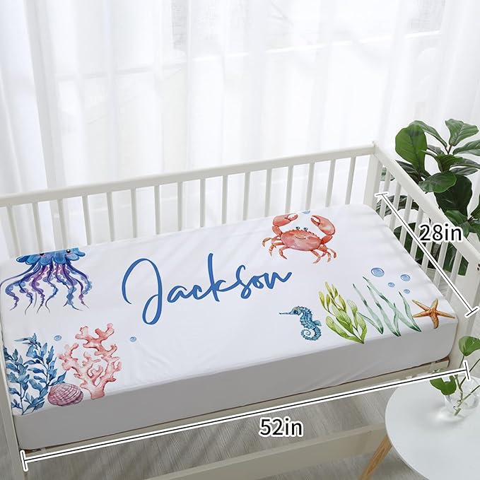 Custom Baby Crib Bedding Set, Personalized Name Marine Animals Theme Crib Set 3 Pcs, Soft Double Layer Blanket, Crib Sheet & Room Rug, Ideal Nursery Decor Gift for Baby Girls Boys