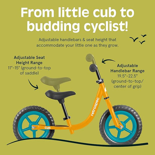 Retrospec Cub Toddler Balance Bike for Ages 18 Months - 3 Years - 12in No-Pedal Beginner Bicycle with Adjustable Seat, Puncture-Proof Tires & Safe Low Frame Design