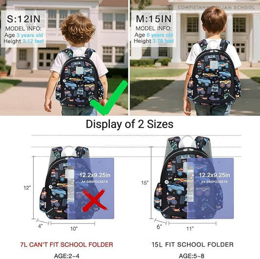 CAMTOP Toddler Backpack for Boys Girls 2-4, Kids Backpacks for Kindergarten Preschool, 12" H Small Bookbag for Daycare Travel (Black, 12''- Not fit A4 folder)