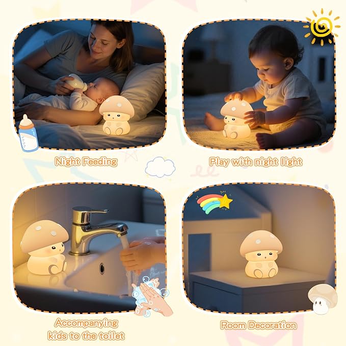ICARER FAMILY Mushroom Night Light, White Silicone Night Lamp, Touch Control with 30/60 min Dimmble, 3 Brightness Levels, 7 Color Changing, LED Night Lights, USB-C Rechargeable, Gifts for Girls Boys