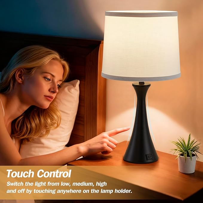 Hikczc Touch Lamp for Living Room Bedroom, 21" Table Lamps Set of 2 with USB C+A Ports and White Lamp Shades, Touch Bedside Lamps for Nightstand with 3 Way Dimmable, 2 LED Bulbs Included
