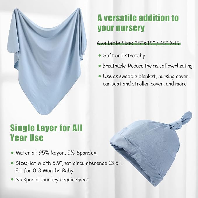 iEvolve Cotton Knitted Baby Swaddle Blanket with Hat Headband Set Newborn Swaddle Wrap Receiving Blankets for Baby Girl Boy 35" x 35"(Lightblue)
