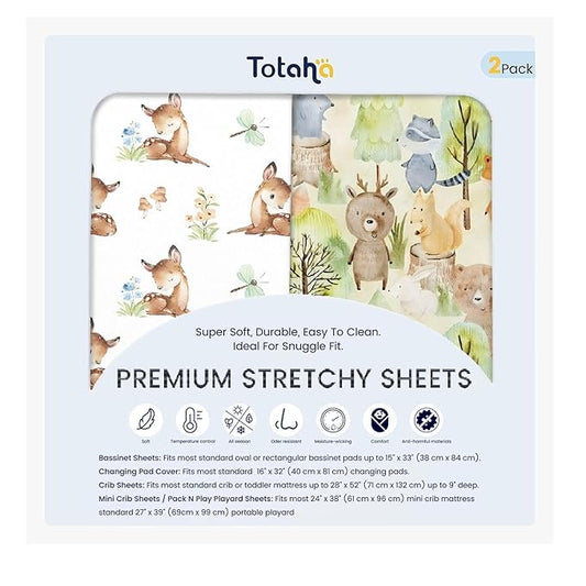 TotAha Mini Crib Sheets 24x38, Ultra Soft Pack N Play Sheets Fitted Boy Girl, Super Stretchy Jersey Knit Pack and Play Mattress Sheets, Hypoallergenic, Forest Bear & Cute Deer