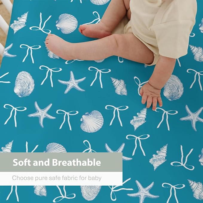 Summer Conches Bows Sea Baby Crib Sheets for Boy Girl 52"x28" Ocean Seashells Beach Soft Snug Fitted Crib Mattress Covers Boho Nautical Life Baby Sheet for Standard Crib and Toddler Bed Mattress Blue