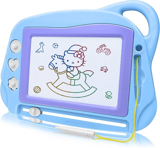 AiTuiTui Magnetic Drawing Board Mini Travel Doodle, Erasable Writing Sketch Colorful Pad Area Educational Learning Toy for Kid/Toddlers/Babies with 3 Stamps and 1 Pen (Sky Blue)