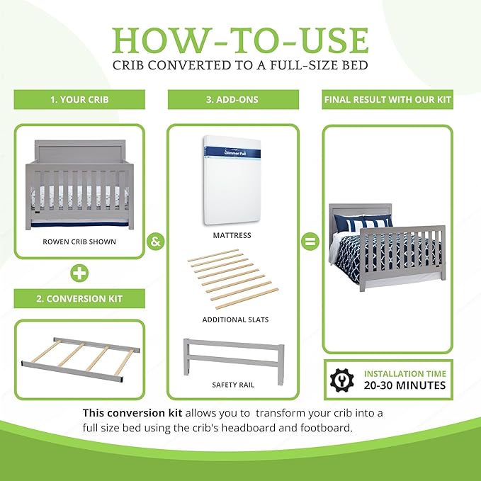 Full-Size Conversion Kit Bed Rails Compatible with Delta Children Convertible Cribs - Solid Wood Rail #0050 - Toddler and Adult Bed Rail for Full-Size Beds - Baby Furniture (Grey - 026)