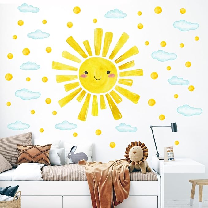 Eutecado Watercolor Large Sun Wall Decals Cloud Polka Dots Wall Stickers for Kids Room, 12 Sheets Lovely Smile Sun Wall Decor Stickers Peel and Stick Wall Decorations Stickers for Bedroom Nursery