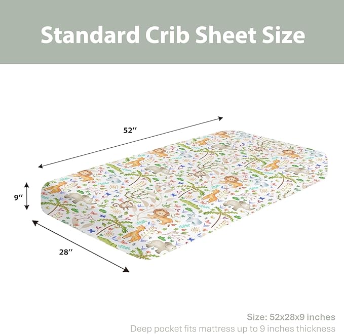 Cute Jungle Animals Baby Crib Sheets for Boy Girl 52x28Inch Lion Giraffe Elephant Hippo Trees Soft Snug Fitted Crib Mattress Cover Zoo African Safari Nursery Baby Sheet for Crib & Toddler Mattress