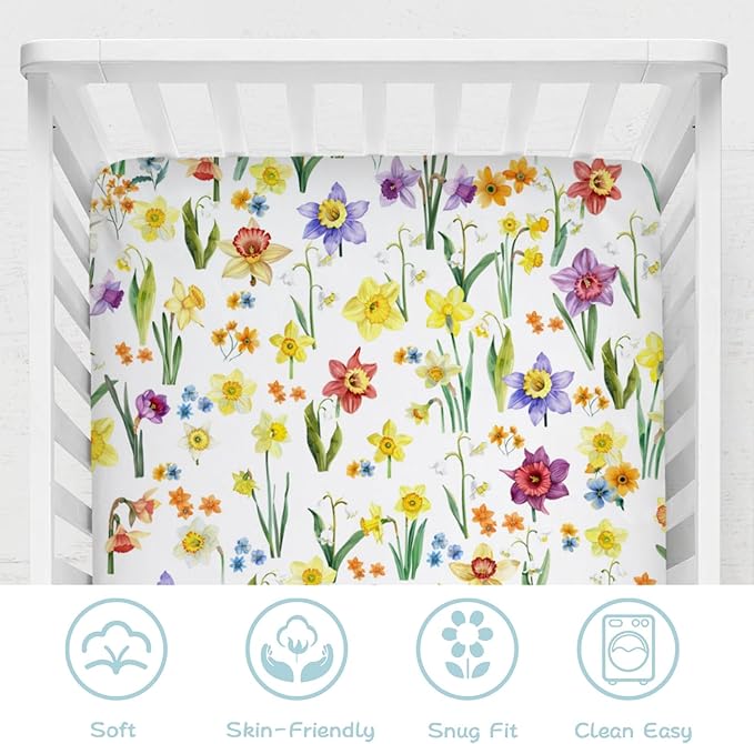 Watercolor Flowers Baby Crib Sheet 52''x28'' Colorful Floral Leaves Stretchy Fitted Crib Mattress Cover for Boy Girl Wild Plants Soft Nursery Baby Sheets for Standard Crib and Toddler Mattresses