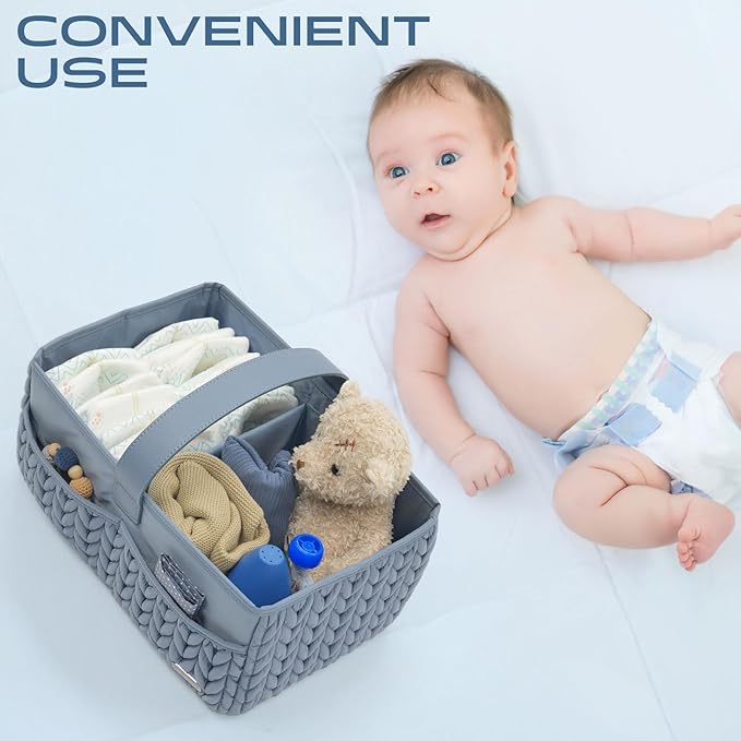 LUKJOJO Luxurious Baby Diaper Caddy, Nursery Storage Basket for Newborn Essentials, Travel Baby Basket for Diapers Baby Wipes, Organizer Tote Bag Storage Bin, Baby Shower Gifts(ash blue)
