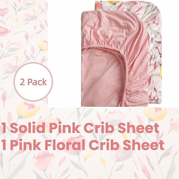 SDIII 2 Pack Pink Floral Crib Sheets for Baby Girl 52×28 Stretchy Microfiber Jersey Knit Pink Crib Sheets for Standard Crib and Toddler Mattress