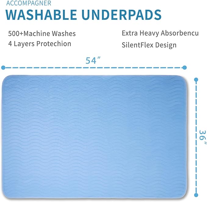 Accompagner Waterproof Reusable for Adults and Pets Washable Pee Pads for Dogs Changing Pad Large Dog Bed Size Adults Incontinence Bed Pads - Non-Slip Leak-Proof (Blue, 4Pack-36" x54")
