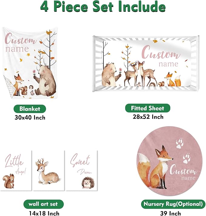 Custom Baby Crib Bedding Set,Personalized Name Fox Sika Deer Pattern Nursery Bed Set 4 Piece,Baby Blanket Fitted Sheet Nursery Rug Wall Art Set,Custom Room Decor Idea Gift for Newborns Boys Girls