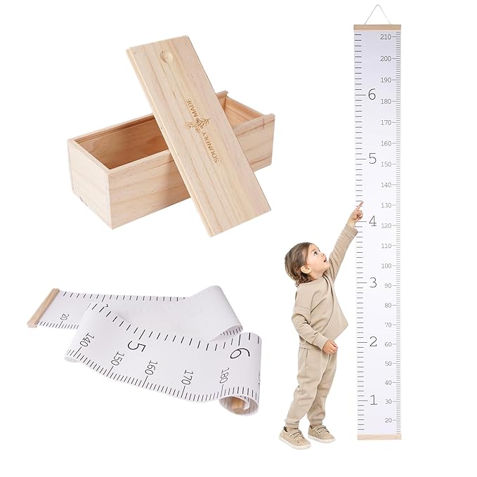 Growth Chart for Wall | Kids Height Chart Canvas Ruler with Wooden Storage Box | Waterproof Measuring Chart | Nursery Decor & Baby Shower Gift