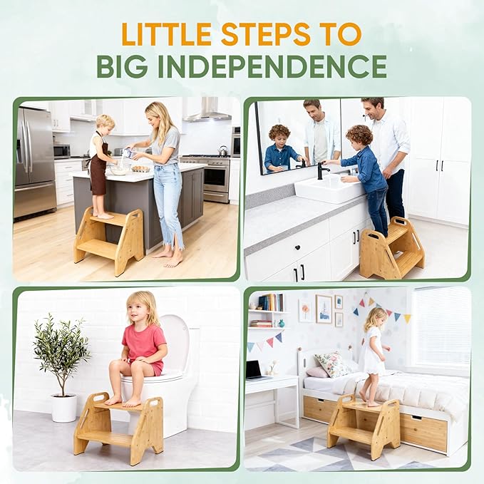 Timberfolkfz Toddler & Kids Step Stool, Adjustable Bamboo Wooden Step Stool for Kitchen, Bathroom Sink & Toilet, Non-Slip 2 Step Stool, Sturdy Compact Design, 220 lbs Capacity