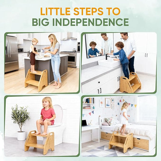 Timberfolkfz Toddler & Kids Step Stool, Adjustable Bamboo Wooden Step Stool for Kitchen, Bathroom Sink & Toilet, Non-Slip 2 Step Stool, Sturdy Compact Design, 220 lbs Capacity