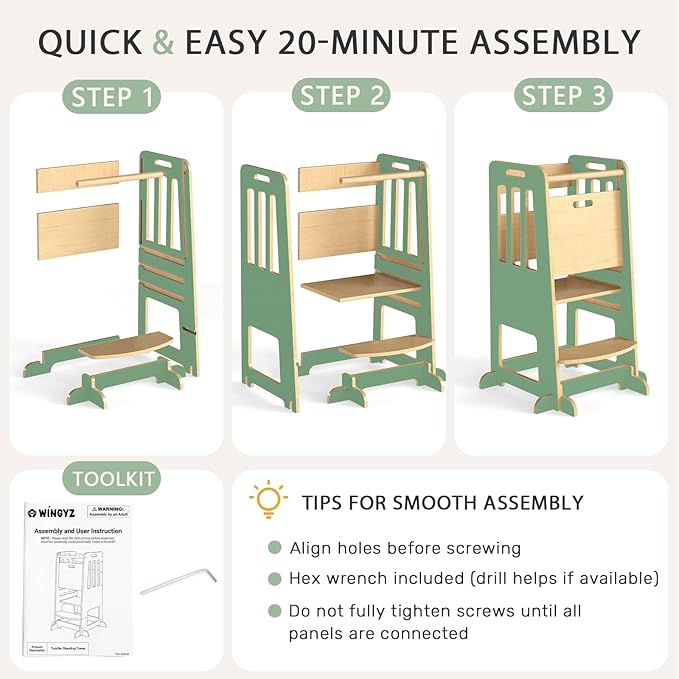 WINGYZ Toddler Tower – Adjustable Step Stool Helper for Kids 18M–6Y, Kitchen Learning Stool with Safety Rail, 3-Height Adjustable, Sliding Door, Full Support Foot, Wooden Updated Design, Green