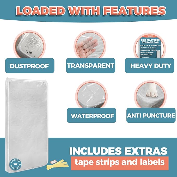 Storage Standard Crib Mattress Storage Bag - Waterproof & Reusable Mattress Bags for Moving, Heavy-Duty 4-Mil Plastic with Tape Strips & Label Sticker, 66 x 29 x 7 Inches, For Standard Crib Mattresses