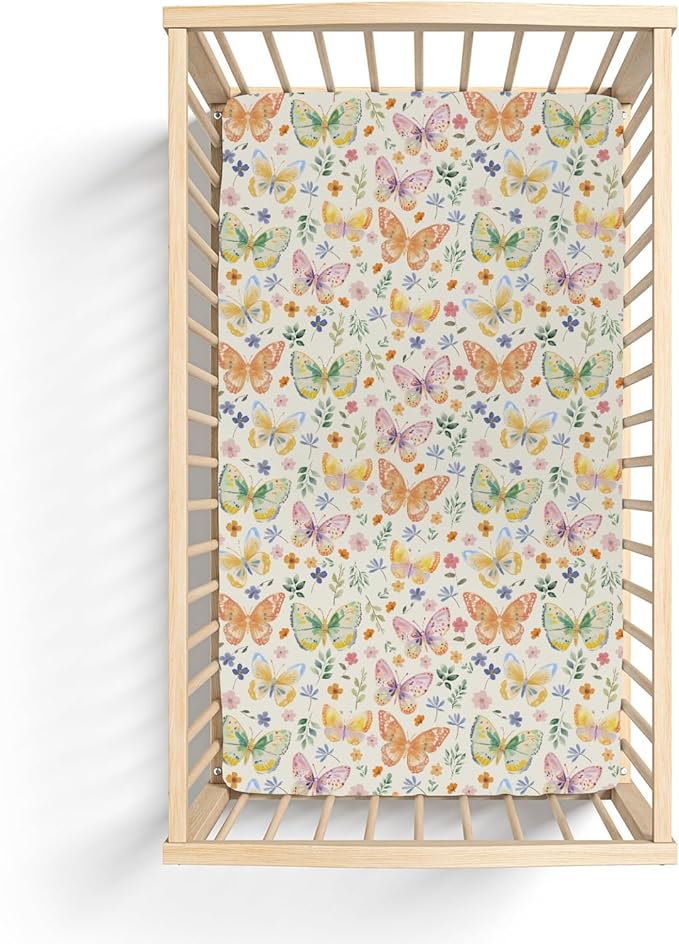 Watercolor Butterflies Spring Floral Baby Crib Sheets Boy Girl 52"x28" Pastel Flowers Leaves Soft Stretchy Fitted Crib Mattress Cover Easter Garden Baby Sheet for Standard Crib and Toddler Mattress
