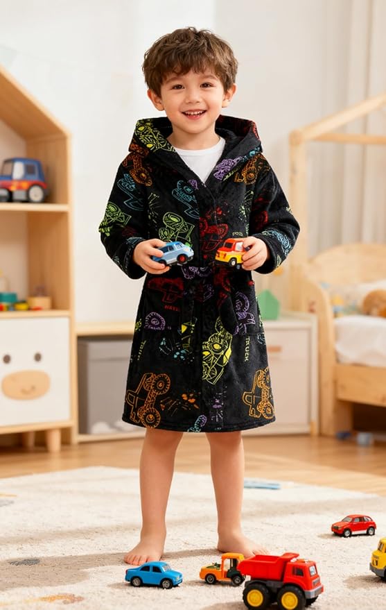 Boys Girls Robe Kids Flannel Hooded Bathrobe Sleepwear Pajamas Toddler Soft Plush Robes for Girls 2-16 Years