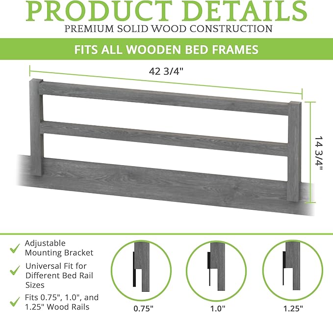 Safety Guard Rail for Baby, Kids, and Children - Solid Wood Safety Bed Rail for Toddlers - Easy Installation - Premium Protection for Bunk, Twin, Full, Queen and King Size Beds - (Arctic Grey)