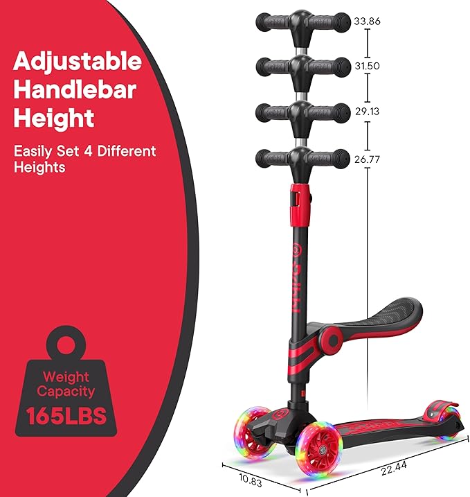 Black and Red 3 Wheel Scooter with Seat for Kids, Light-Up Wheels, Adjustable Lean to Steer Handlebar and Seat, Smooth Wheels, Wide No-Slip Deck, Rear Foot Brake, Toddler Outdoor Toys for Ages 2+