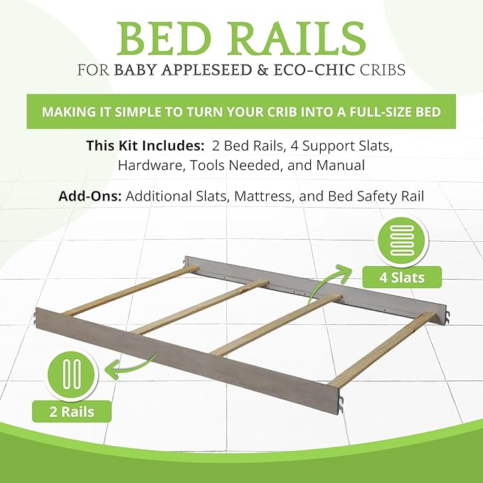 Full-Size Conversion Kit Bed Rails for Baby Appleseed and Eco-Chic Convertible Cribs - Solid Wood Rail - Toddler and Adult Bed Rail for Full-Size Beds - Nursery and Baby Furniture (Rainwash, Option 2)