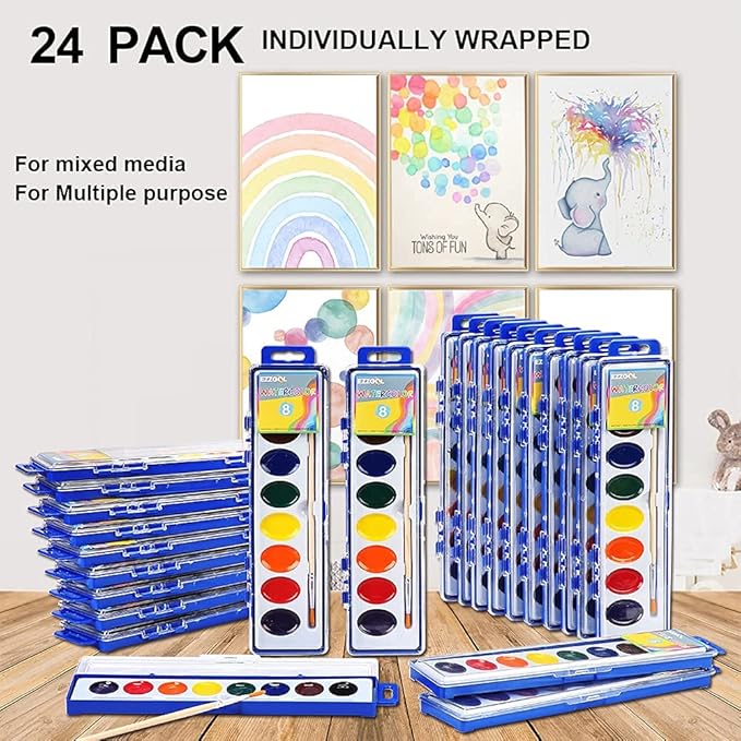 Watercolor Paint Sets Bulk Pack of 24, Ezzgol 8 Colors Washable Paint Sets for Kids, Quality Water Color Wooden Brushes, Perfect for Preschool Classroom