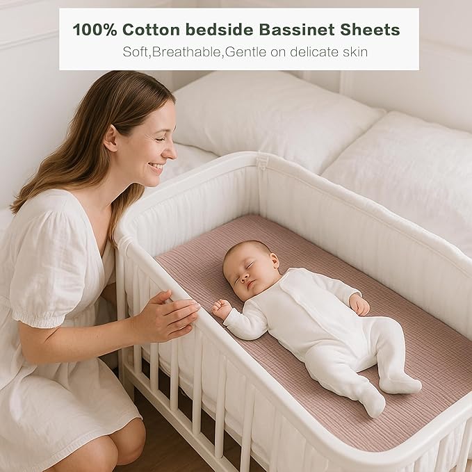 Muslin Bedside Sleeper Bassinet Fitted Sheets, 3 Pack Cotton Baby Sheet for Boys & Girls, Soft, Compatible with Baby Delight, Dream On Me, AMKE and Other Rectangle Mattress (Daisy Petal)