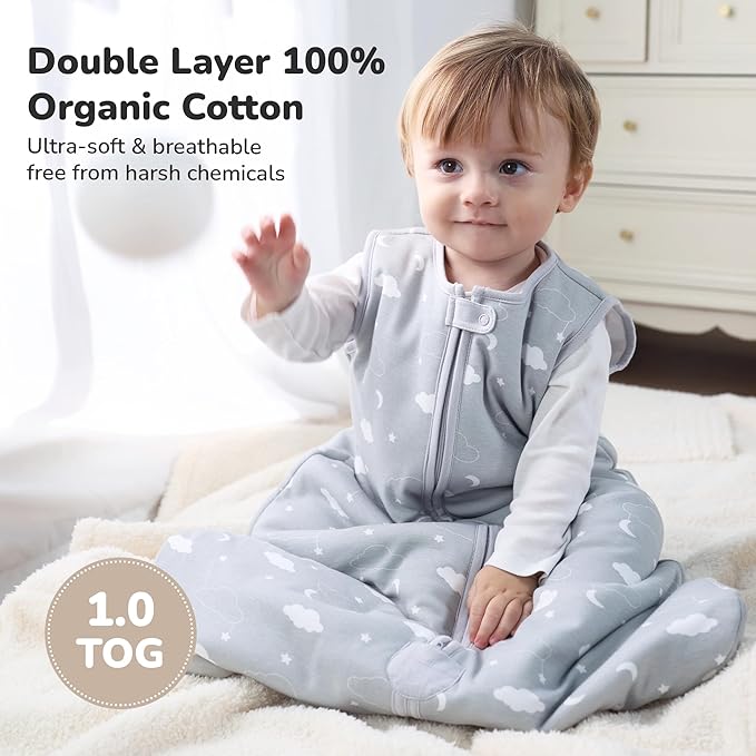 Baby Sleep Sack 1.0 TOG, Organic Cotton Baby Wearable Blanket with Two-Way Zipper, Swaddle Transition Baby Sleeping Bag, All-Season Sleep Sack for Newborn Infant Toddler Boy Girl, 24-48 Months, 1-Pack