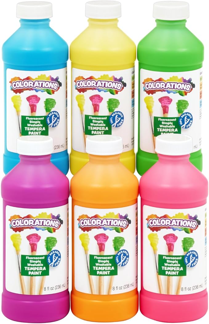Colorations Paraben-Free Fluorescent Simply Washable Tempera Paint- Set of 6, 8 oz. Each Bottle, Non-Toxic, Classroom Essentials, Arts and Crafts Supplies for Kids and Adults