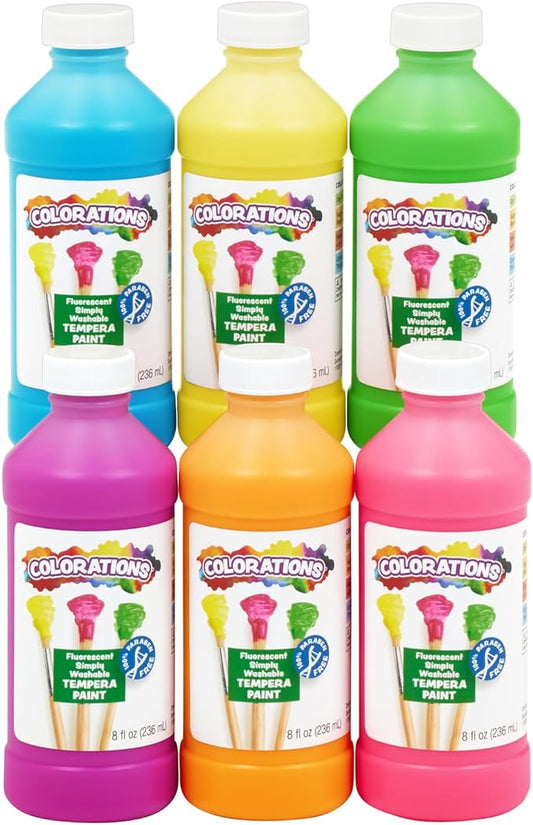 Colorations Paraben-Free Fluorescent Simply Washable Tempera Paint- Set of 6, 8 oz. Each Bottle, Non-Toxic, Classroom Essentials, Arts and Crafts Supplies for Kids and Adults