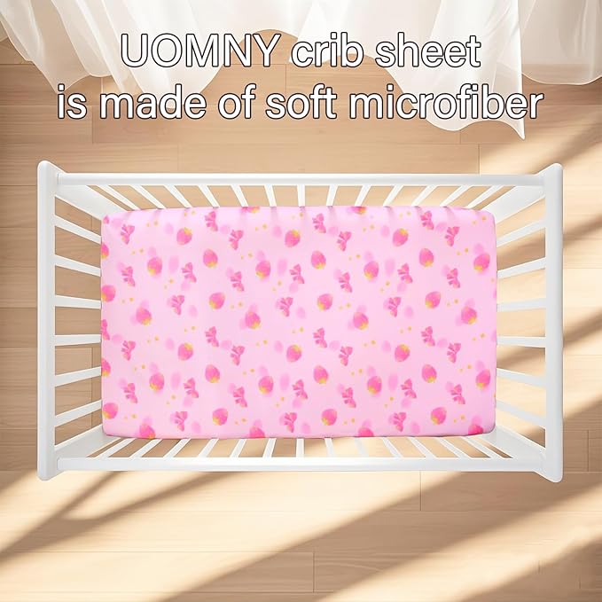 UOMNY Crib Sheet,Strawberry Bow Crib Sheets Baby Sheet for Standard Crib and Toddler Mattresses Nursery Bedding Sheet Crib Mattress Sheets for Boys and Girls 1 Pack Toddler Sheet