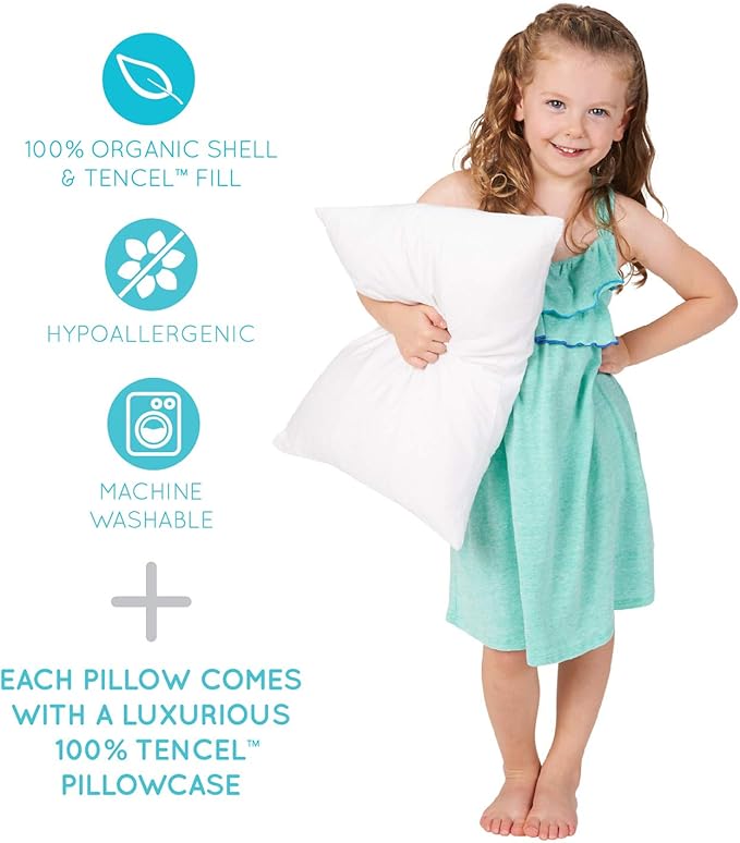 PUREgrace Tencel Toddler Pillow and Pillowcase Set – Organic Cotton Shell, Washable and Soft for Kids Ages 2-5, Perfect Size for Travel (14” x 19”)