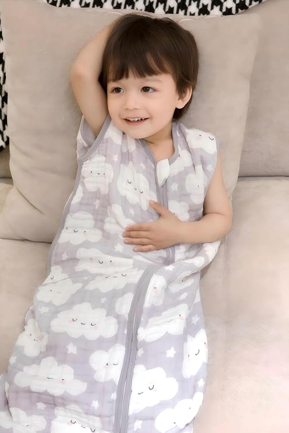 Baby Sleep Sack 2-4 T Baby Wearable Blanket 100% Organic Cotton 0.5 TOG Toddler Sleep Sacks 2- Way Zipper Soft 4 Layers Muslin 2T 3T 4T Cloud