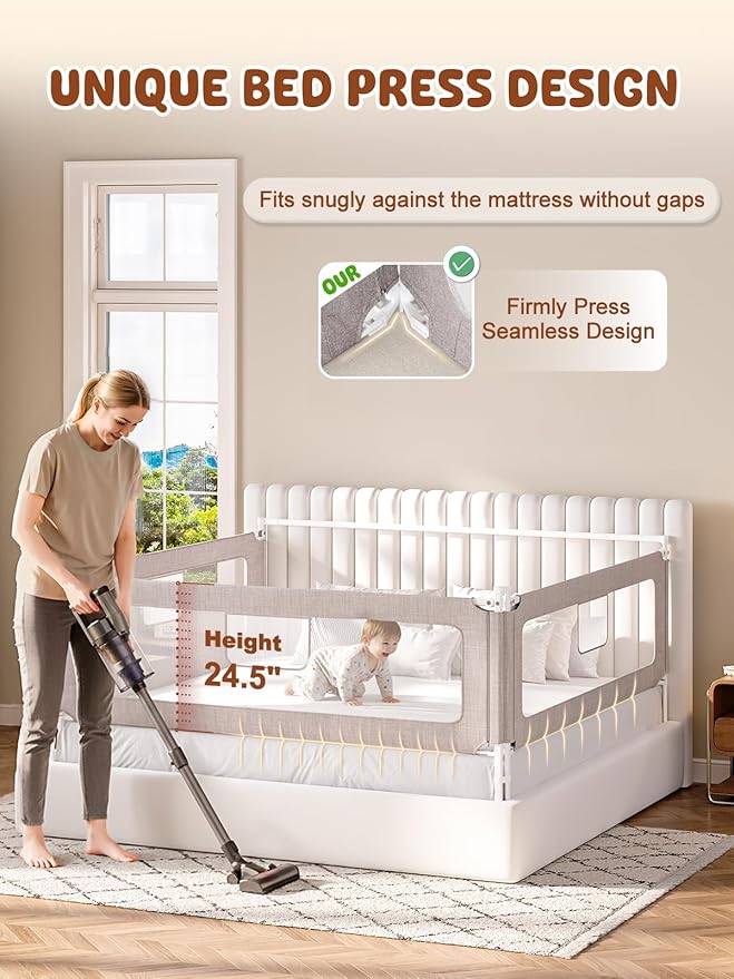 VBABY 3-Piece Bed Rails for Queen Bed, Sturdy Baby Bed Rail Guard for Toddler, Adjustable Height Queen Bed Rails with Headboard Rod, Grey, 59 x 78.7 x 78.7 in