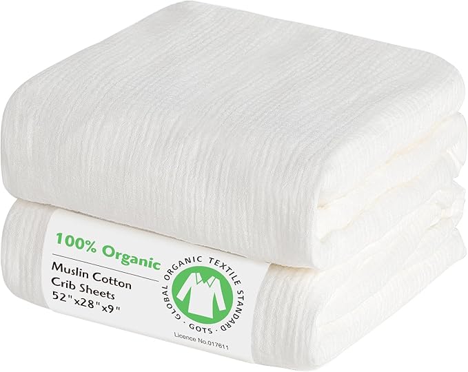 Baby Organic Crib Sheets 2 Pack 100% Organic Muslin Cotton 52x28 Inches Fitted Crib Mattress Sheet for Baby Girls Boys, Ultra Soft Neutral Toddler Bedding Bed Sheets Fits Standard Size Cribs Mattress