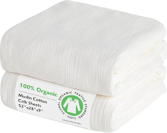 Baby Organic Crib Sheets 2 Pack 100% Organic Muslin Cotton 52x28 Inches Fitted Crib Mattress Sheet for Baby Girls Boys, Ultra Soft Neutral Toddler Bedding Bed Sheets Fits Standard Size Cribs Mattress