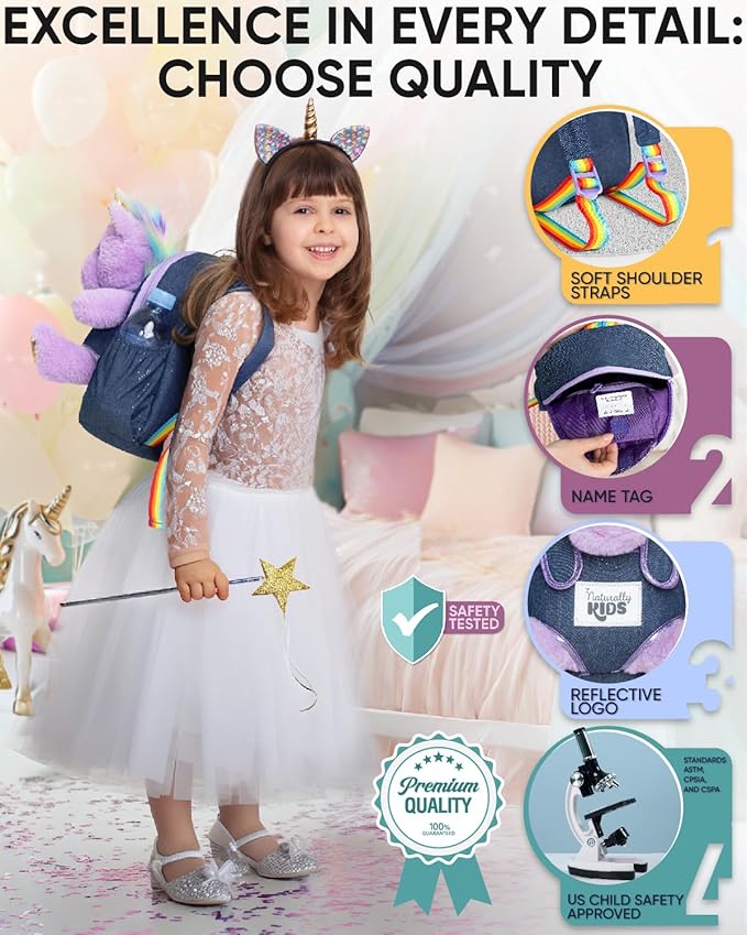 Naturally KIDS 【Upgraded】 Toddler Backpack w Removable Purple Unicorn Toy for Girls Age 2-6 | Side&Inner Pockets, Reflective Logo, Sparkling Material | Christmas Gift for 4 year old Girl