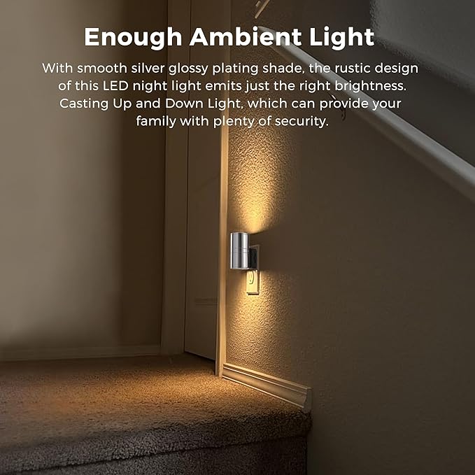 L LOHAS LED Night Light, Night Lights Plug into Wall, 1-Pack, Smooth Silver Glossy Plating Metal-Shade Nightlight, Light Sensor, Soft White 3000K, Dimmable Night Light Plug in for Hallway Bedroom
