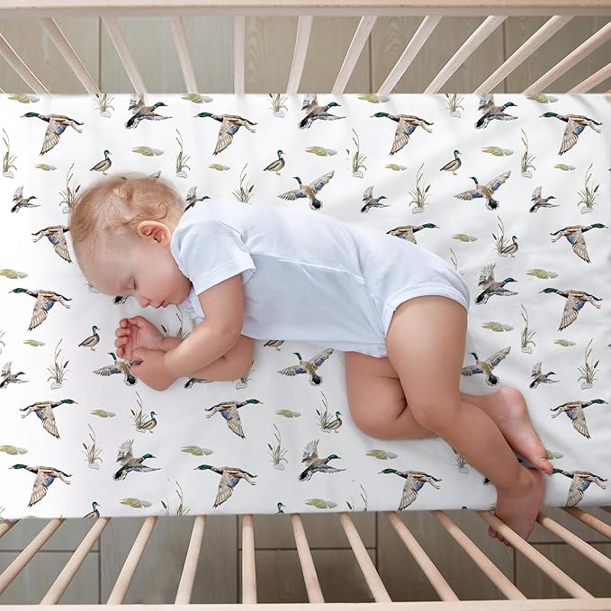 3 Pieces Mallard Duck Nursery Crib Bedding Set for Girls Boys Mallard Duck Baby Standard Size Bedding Sets with Comforter Fitted Sheet Crib Skirt