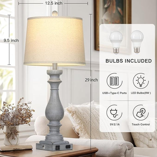 Cinkeda 29" Tall Farmhouse Table Lamp for Living Room Set of 2,Vintage Retro Nightstand Lamps with USB C+A Ports & AC Outlet,3-Way Dimmable Touch Bedside Lamp for Bedroom Side Table,Light Grey