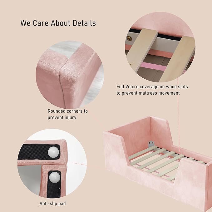 Toddler Bed, Toddler Floor Bed Frame with Guard Rails, Kids Bed for Ages 2-6 Years, Certified Fabric