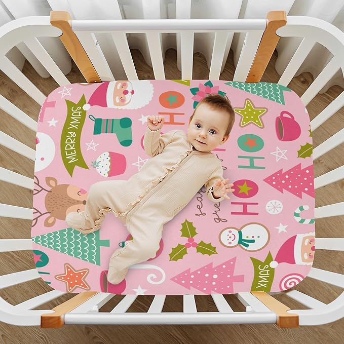 CEBUGI Stretchy Crib Sheet for Baby Boy Girl,Pink Father Christmas Portable Mini Fitted Pack N Play Playard Sheet for Neutral,Ultra Soft Material,Full Standard Toddler Mattresses,M