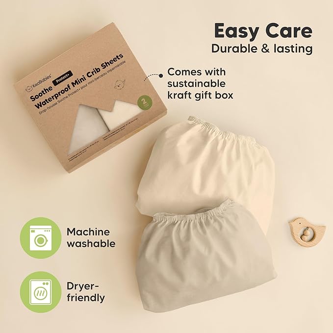 2 Pack and Play Sheets, Waterproof Mini Crib Sheets Fitted - 38x26 Organic Cotton Pack N Play Sheets for Graco Pack and Play Mattress, Playard Baby Crib Sheets,Neutral for Boy,Girl,Toddler(Macadamia)