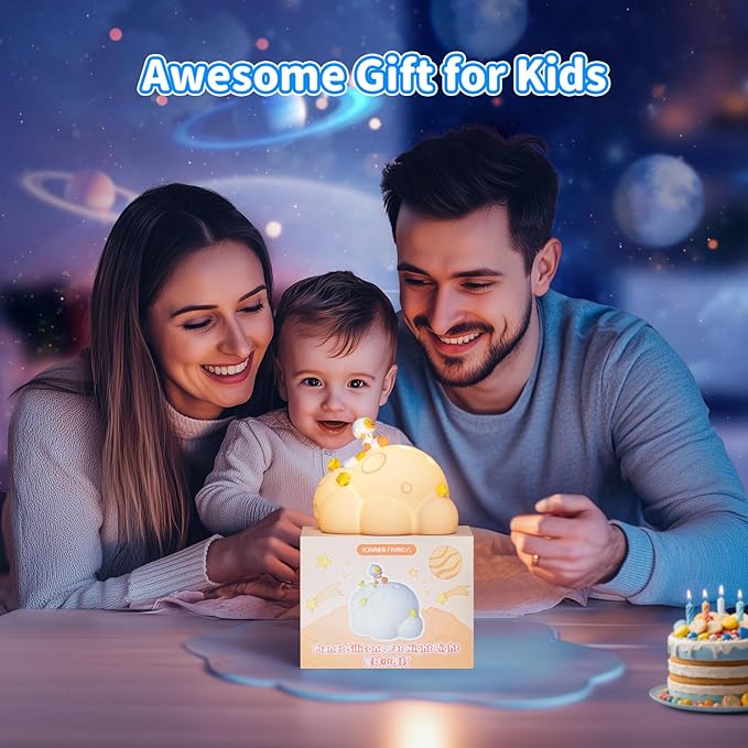 ICARER FAMILY Auto-Off Night Light for Kids - Rechargeable Touch Control Bedside Lamp, Planet Night Lights for Nursery, Gift for Girls Boys