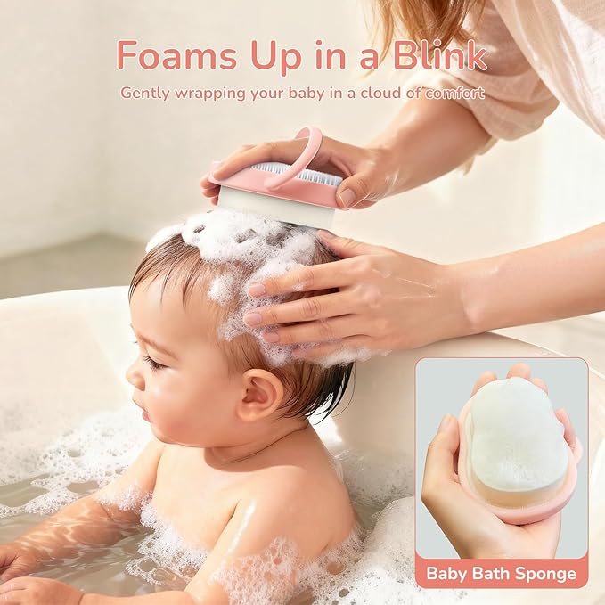 Baby Cradle Cap Brush & Comb Set, 3-in-1 Soft Scalp Brush, Curved Comb & Bath Sponge | BPA-Free Cradle Cap Treatment Kit for Newborns & Infants 0-12 Months, Flakes Removal, Pink