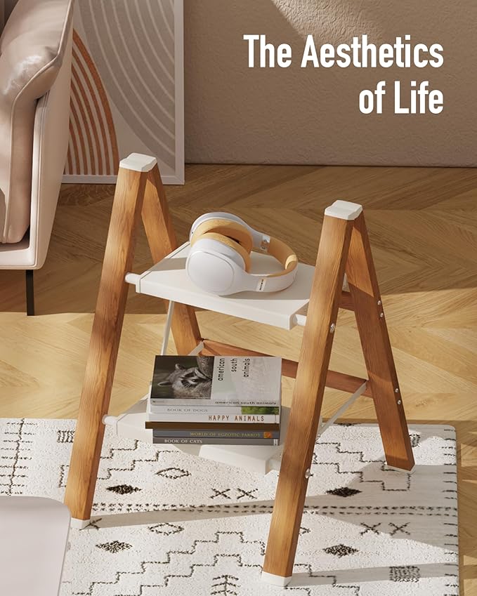 Mayi Plus 2-Step Aluminum Ladder,Lightweight Folding Step Stool with Extra-Wide Anti-Slip Steps,330 lbs Capacity,Compact Space-Saving Design for Home,Kitchen and Office（White&Woodgrain）