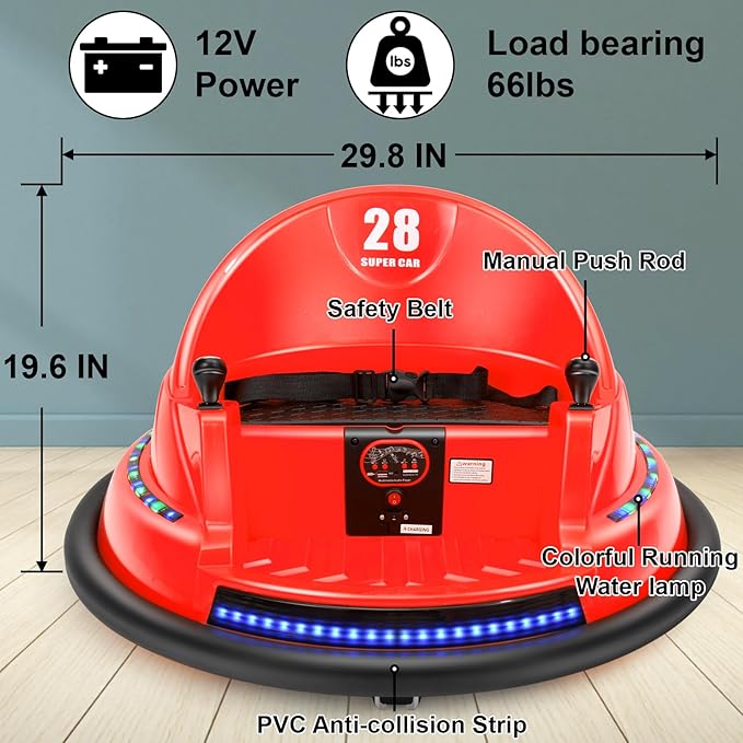 Edostory Electric Ride On Bumper Car Kids 12V 3-Speeds for Toddlers, 1.5-8 Years Old Baby Bumping Toy Cars, DIY Sticker Baby Toy Gifts, Remote Control, Bluetooth, 360 Spin ASTM-Certified Red